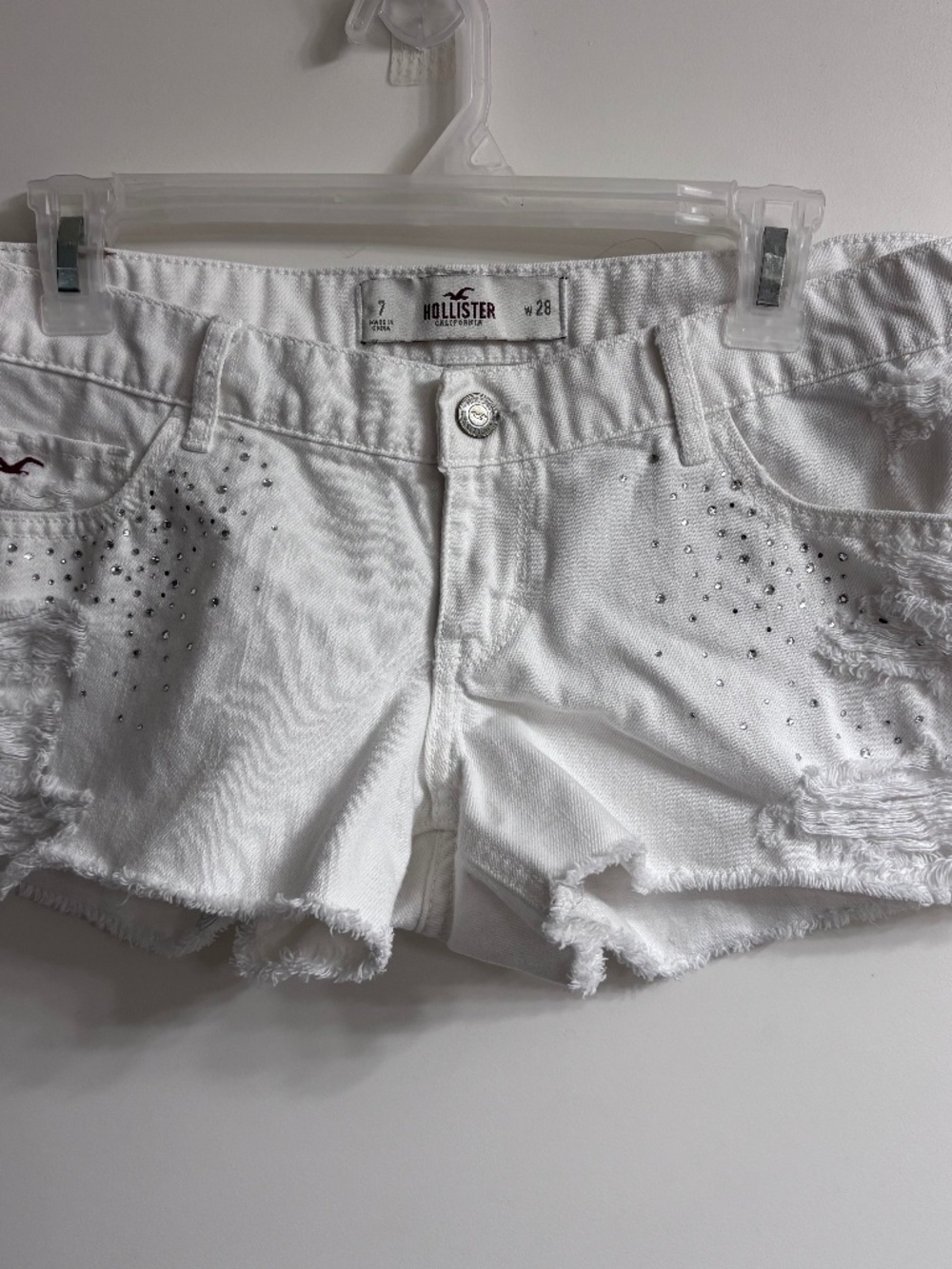 Hollister White Distressed Bedazzled Denim Shorts 7/28